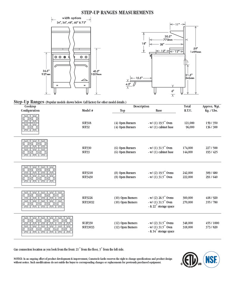 Comstock-Castle 2FSU330 72" Gas Step-Up Restaurant Range, 12 Step-Up Open Burners, 2 Standard Ovens, Stainless Steel Front, 358,000 BTU - Donut-Equipment.com