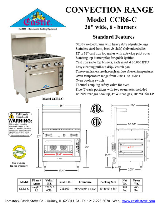 Comstock-Castle CCR6-C 36" Gas Restaurant Range, 6 Open Burners, 2 Standard Ovens, Stainless Steel Front, Adjustable Legs, 211,000 BTU - Donut-Equipment.com