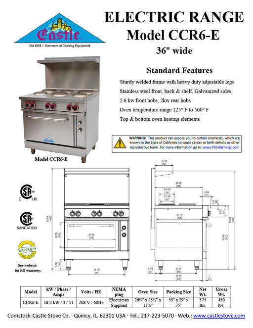 Comstock-Castle CS-ER36-208 36" Electric Restaurant Range, Thermostat Controls, Adjustable Feet, Stainless Steel Construction, 208V, 2.6 kW - Donut-Equipment.com