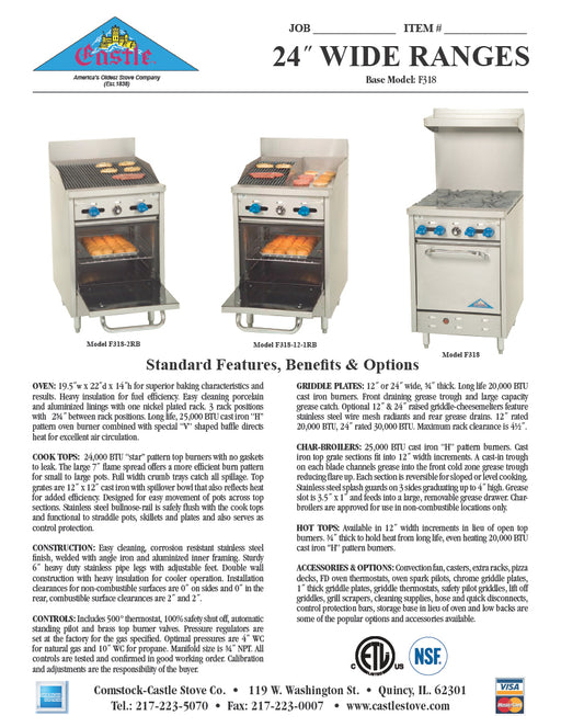 Comstock-Castle F318-12-1RB 24" Gas Restaurant Range, 12" Griddle, 12" Radiant Broiler, Single Standard Oven, Stainless Steel Front, 70,000 BTU - Donut-Equipment.com