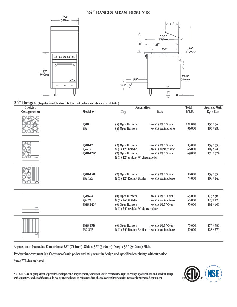 Comstock-Castle F318-1RB 24" Gas Restaurant Range, 2 Open Burners, 12" Radiant Broiler, Single Standard Oven, Stainless Steel Front, 98,000 BTU - Donut-Equipment.com