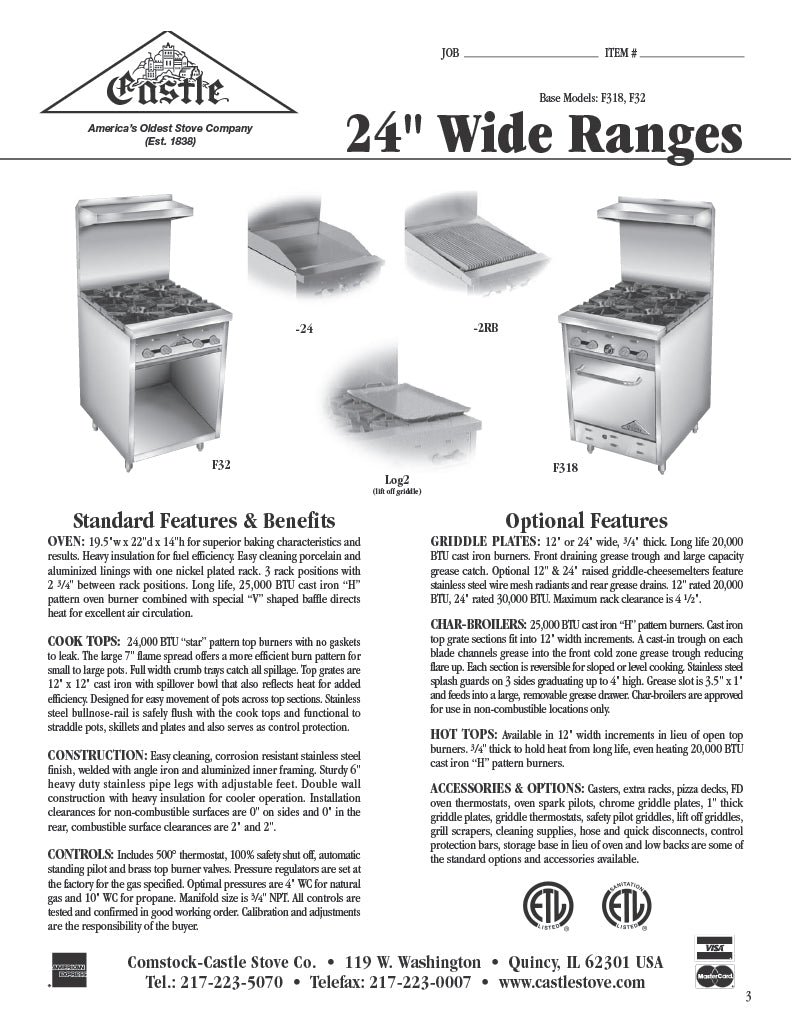 Comstock-Castle F32 24" Gas Restaurant Range, 4 Open Burners, Cabinet Base, Stainless Steel Front, 96,000 BTU - Donut-Equipment.com