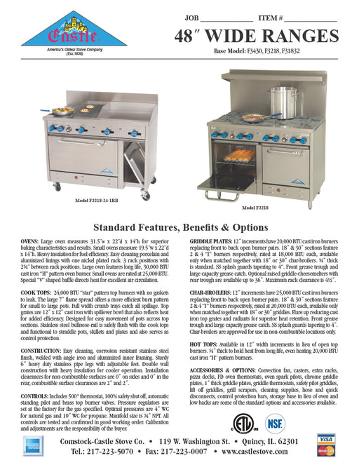 Comstock-Castle F3218-2RB 48" Gas Restaurant Range, 4 Open Burners, 24" Radiant Broiler, 2 Standard Ovens, Stainless Steel Front, 196,000 BTU - Donut-Equipment.com