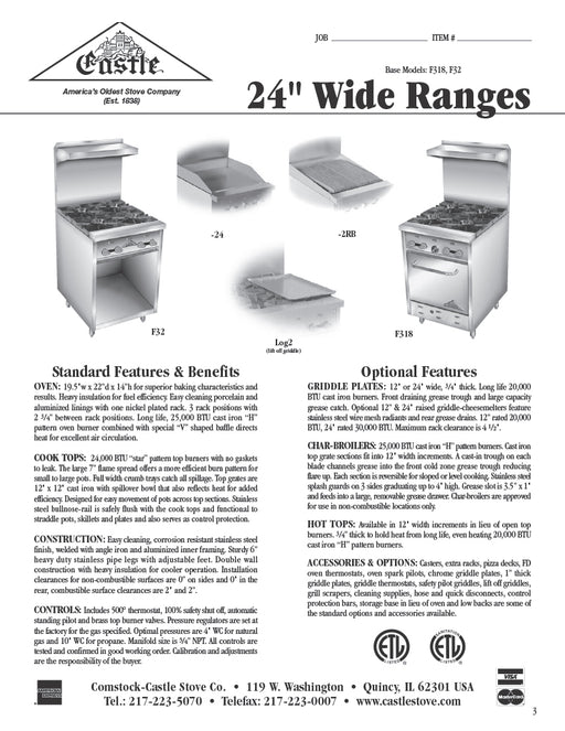 Comstock-Castle F32-24 24" Gas Restaurant Range, 24" Griddle, Cabinet Base, Stainless Steel Front, 40,000 BTU - Donut-Equipment.com
