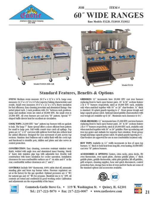 Comstock-Castle F3226 60" Gas Restaurant Range, 10 Open Burners, 2 Standard Ovens, Stainless Steel Front, 330,000 BTU - Donut-Equipment.com