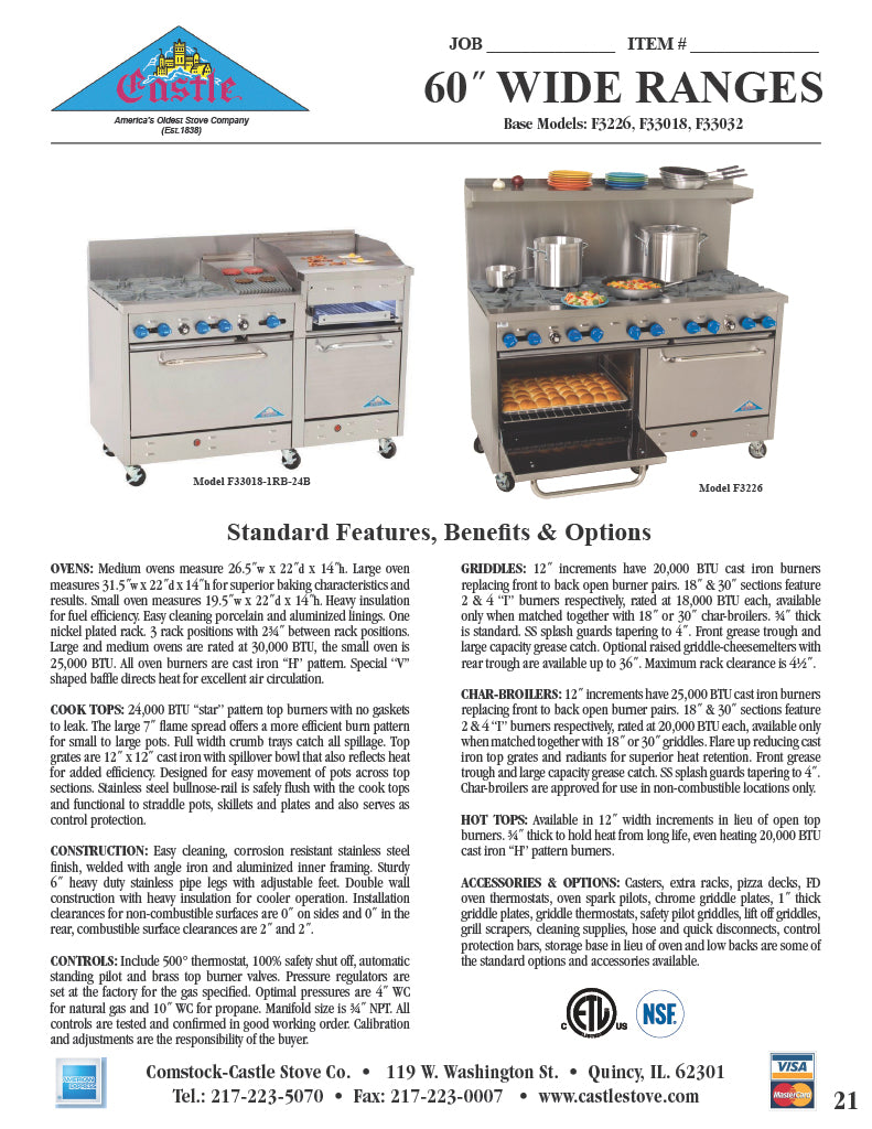 Comstock-Castle F3226-24-2RB 60" Gas Restaurant Range, 2 Open Burners, 24" Griddle, 24" Radiant Broiler, 2 Standard Ovens, Stainless Steel Front, 198,000 BTU - Donut-Equipment.com