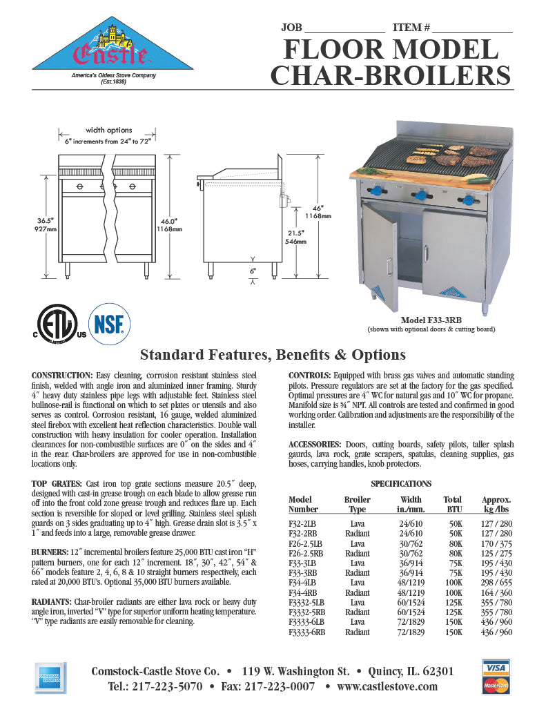 Comstock-Castle F32-2LB 24" Gas Restaurant Range, 2-Burner Broiler, Cabinet Base, Stainless Steel Front, 50,000 BTU - Donut-Equipment.com