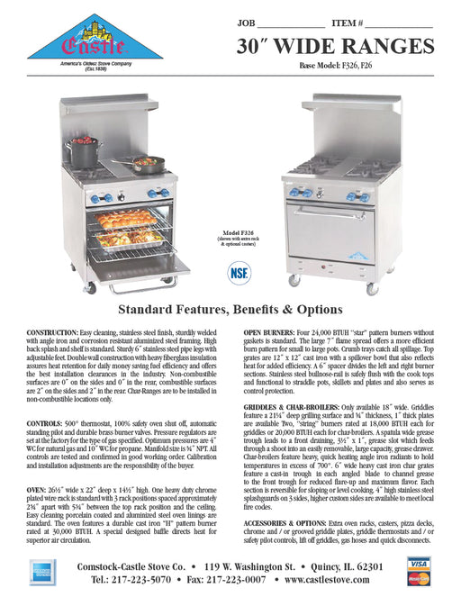 Comstock-Castle F326-1.5RB 30" Gas Restaurant Range, 2 Open Burners, 18" Radiant Broiler, Single Standard Oven, Stainless Steel Front, 118,000 BTU - Donut-Equipment.com