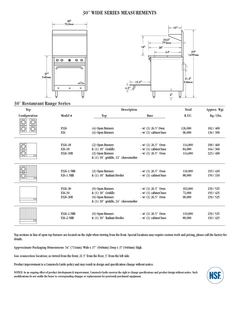 Comstock-Castle F326 30" Gas Restaurant Range, 4 Open Burners, Single Standard Oven, Stainless Steel Front, 126,000 BTU - Donut-Equipment.com