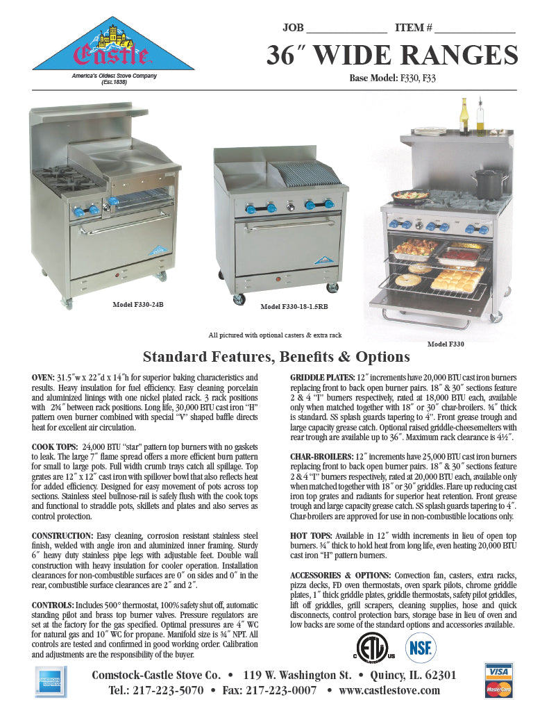 Comstock-Castle F33 36" Gas Restaurant Range, 6 Open Burners, Cabinet Base, Stainless Steel Front, 144,000 BTU - Donut-Equipment.com