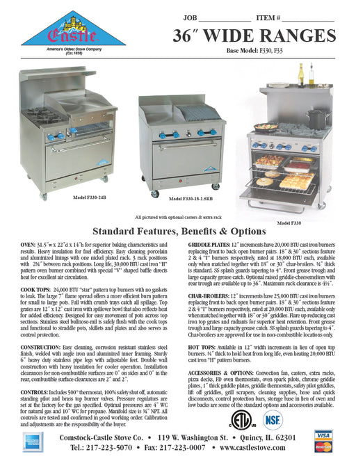 Comstock-Castle F330-12 36" Gas Restaurant Range, 4 Open Burners, 12" Griddle, Single Standard Oven, Stainless Steel Front, 162,000 BTU - Donut-Equipment.com
