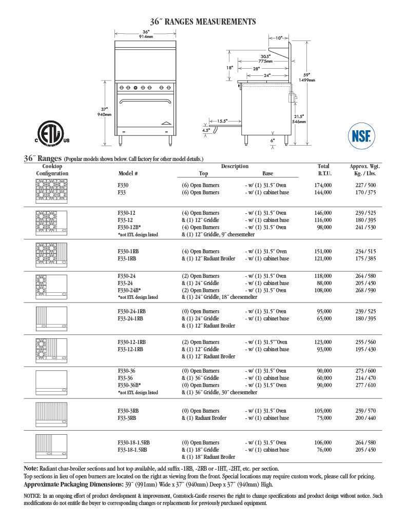 Comstock-Castle F330-12 36" Gas Restaurant Range, 4 Open Burners, 12" Griddle, Single Standard Oven, Stainless Steel Front, 162,000 BTU - Donut-Equipment.com