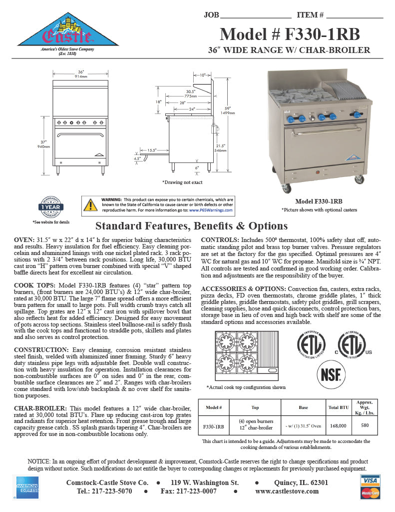 Comstock-Castle F330-1RB 36" Gas Restaurant Range, 4 Open Burners, 12" Radiant Broiler, Single Standard Oven, Stainless Steel Front, 151,000 BTU - Donut-Equipment.com