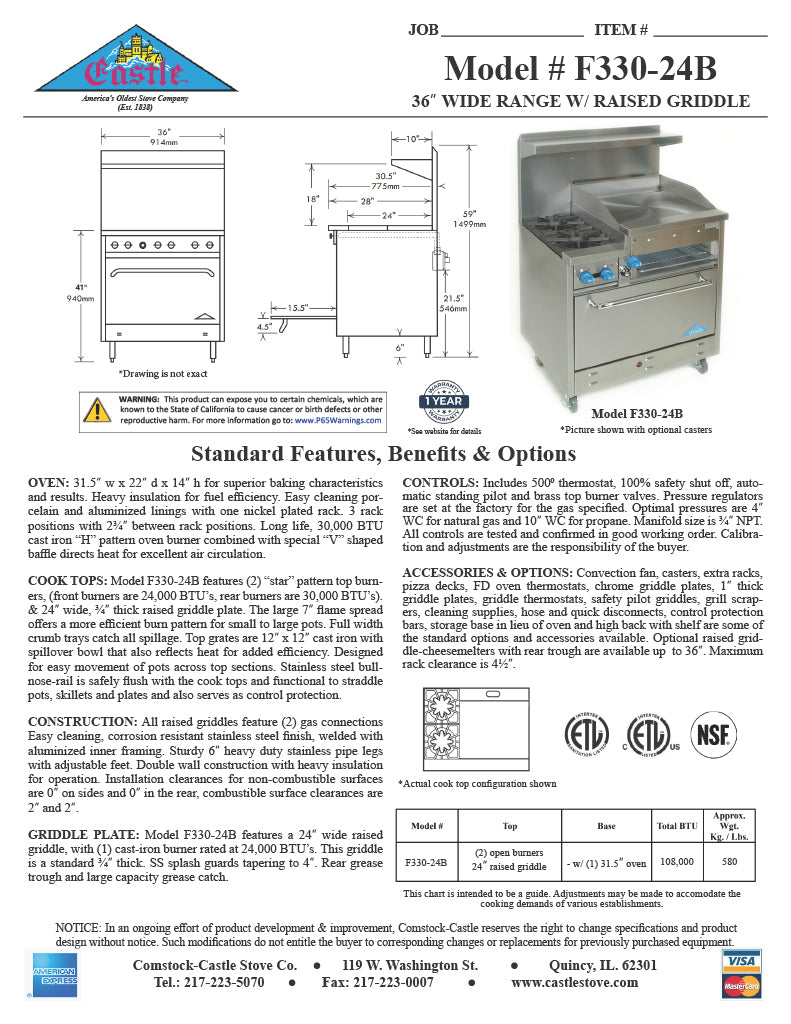 Comstock-Castle F330-24B 36" Gas Restaurant Range, 2 Open Burners, 24" Charbroiler, Single Standard Oven, Stainless Steel Front, 108,000 BTU - Donut-Equipment.com