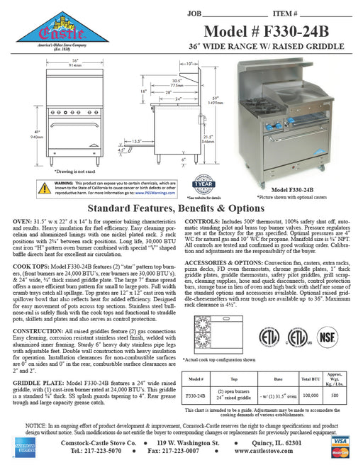 Comstock-Castle F330-24B 36" Gas Restaurant Range, 2 Open Burners, 24" Charbroiler, Single Standard Oven, Stainless Steel Front, 108,000 BTU - Donut-Equipment.com