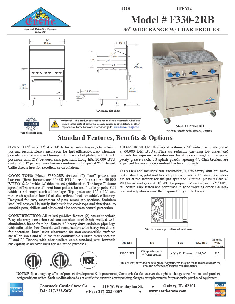 Comstock-Castle F330-2RB 36" Gas Restaurant Range, 2 Open Burners, 24" Radiant Broiler, Single Standard Oven, Stainless Steel Front, 144,000 BTU - Donut-Equipment.com