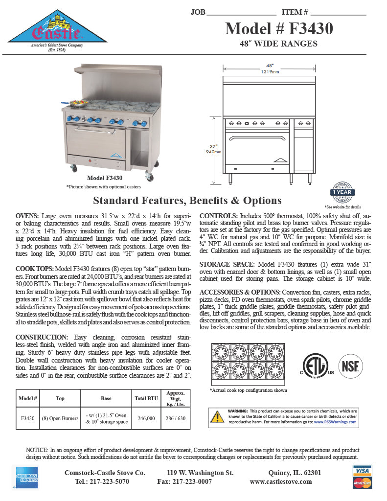 Comstock-Castle F3430 48" Gas Restaurant Range, 8 Open Burners, Single Standard Oven, Stainless Steel Front, 246,000 BTU - Donut-Equipment.com