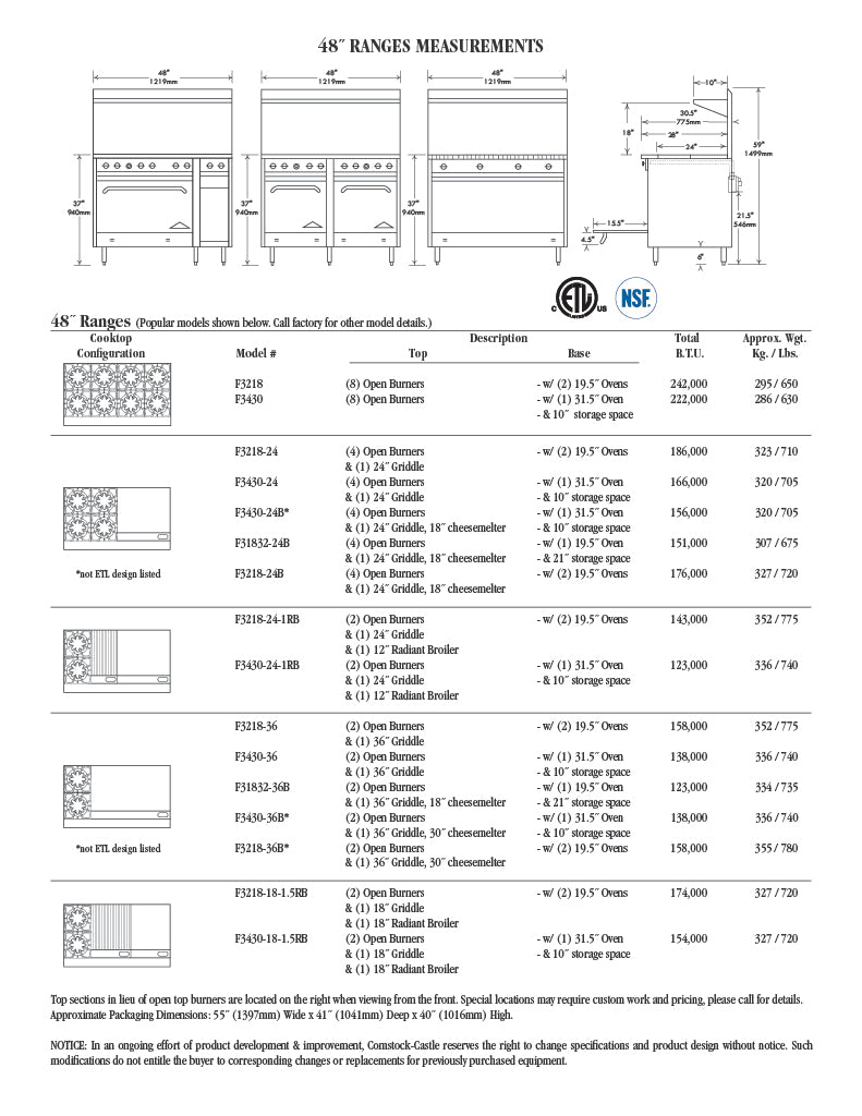 Comstock-Castle F3430-4RB 48" Gas Restaurant Range, 48" Radiant Broiler, Single Standard Oven, Stainless Steel Front, 130,000 BTU - Donut-Equipment.com
