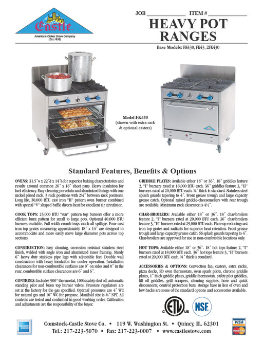 Comstock-Castle FK43 36" Gas Restaurant Range, 4 Open Burners, Cabinet Base, Stainless Steel Front, 160,000 BTU - Donut-Equipment.com