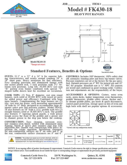 Comstock-Castle FK430-18 36" Gas Restaurant Range, 2 Open Burners, 18" Griddle, Single Standard Oven, Stainless Steel Front, 80,000 BTU - Donut-Equipment.com