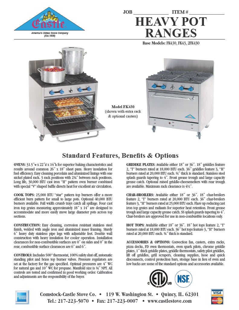 Comstock-Castle FSU330 36" Gas Restaurant Range, 6 Step-Up Open Burners, Single Standard Oven, Stainless Steel Front, 174,000 BTU - Donut-Equipment.com