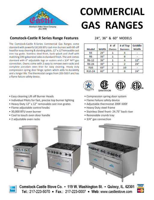 Comstock-Castle R6 36" Gas Restaurant Range, 6 Open Burners, Double Standard Oven, Stainless Steel Front, 210,000 BTU - Donut-Equipment.com