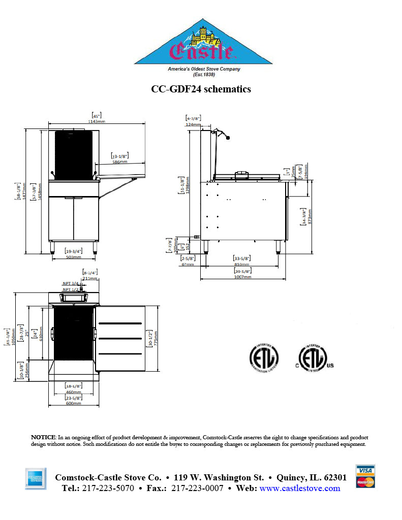 Comstock-Castle CC-GDF24 24" Gas Floor Model Donut Fryer, 18" x 24" Fry Pot, 125 lb. Fat Capacity, Thermostatic Controls, Stainless Steel Front, 90,000 BTU - Donut-Equipment.com