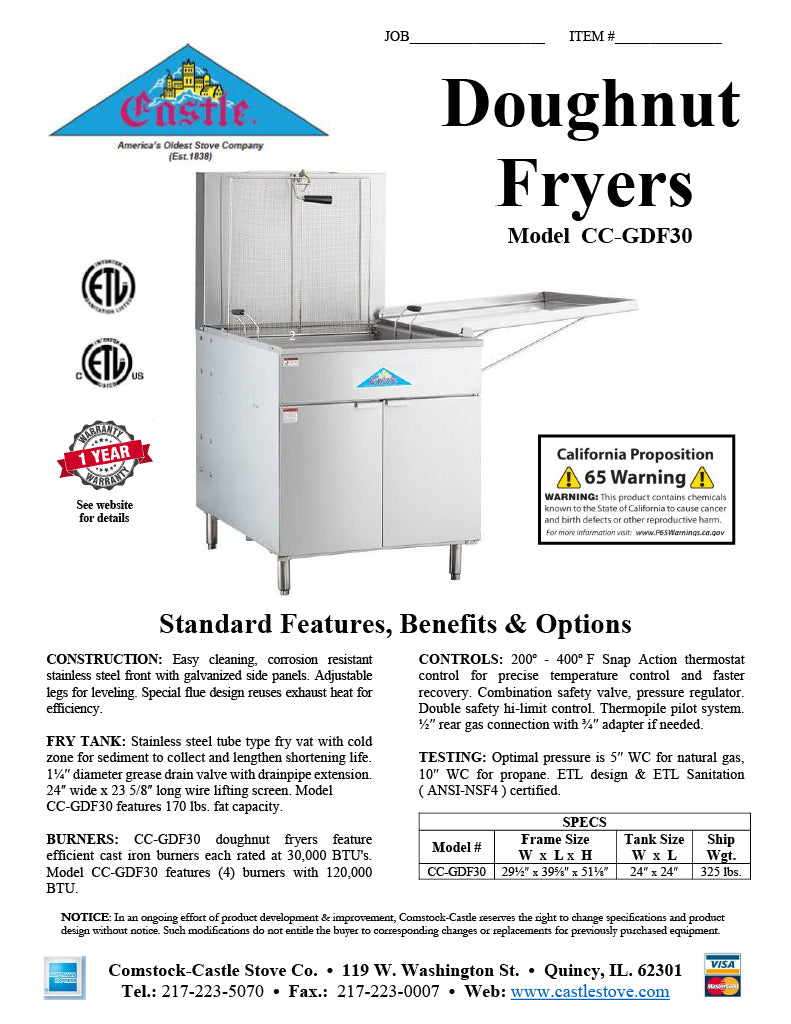 Comstock-Castle CC-GDF30 30" Gas Floor Model Donut Fryer, 24" x 24" Fry Pot, 150–210 lb. Fat Capacity, Thermostatic Controls, Stainless Steel Front, 120,000 BTU - Donut-Equipment.com