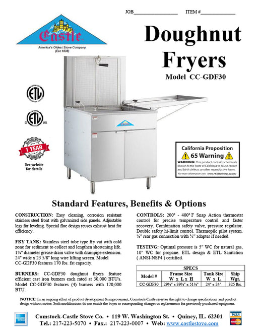 Comstock-Castle CC-GDF30 30" Gas Floor Model Donut Fryer, 24" x 24" Fry Pot, 150–210 lb. Fat Capacity, Thermostatic Controls, Stainless Steel Front, 120,000 BTU - Donut-Equipment.com