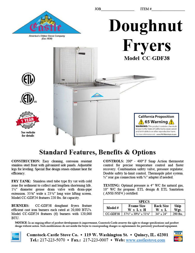 Comstock-Castle CC-GDF38 38" Gas Floor Model Donut Fryer, 34" x 24" Fry Pot, 220 lb. Fat Capacity, Thermostatic Controls, Stainless Steel Front, 150,000 BTU - Donut-Equipment.com