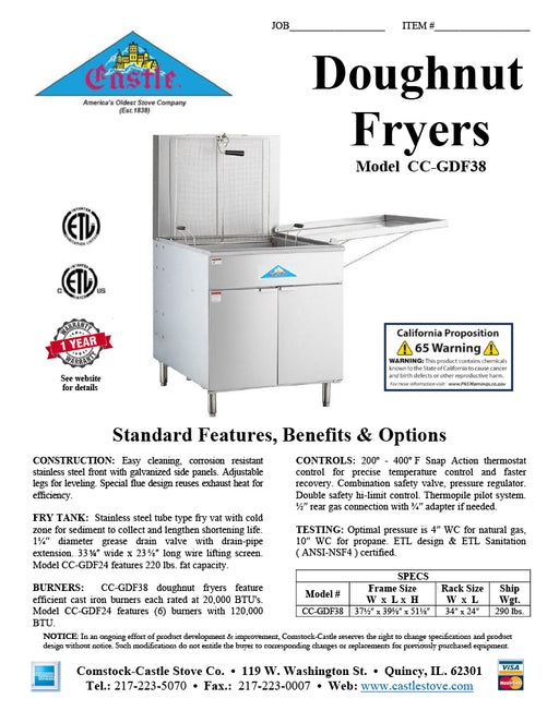 Comstock-Castle CC-GDF38 38" Gas Floor Model Donut Fryer, 34" x 24" Fry Pot, 220 lb. Fat Capacity, Thermostatic Controls, Stainless Steel Front, 150,000 BTU - Donut-Equipment.com