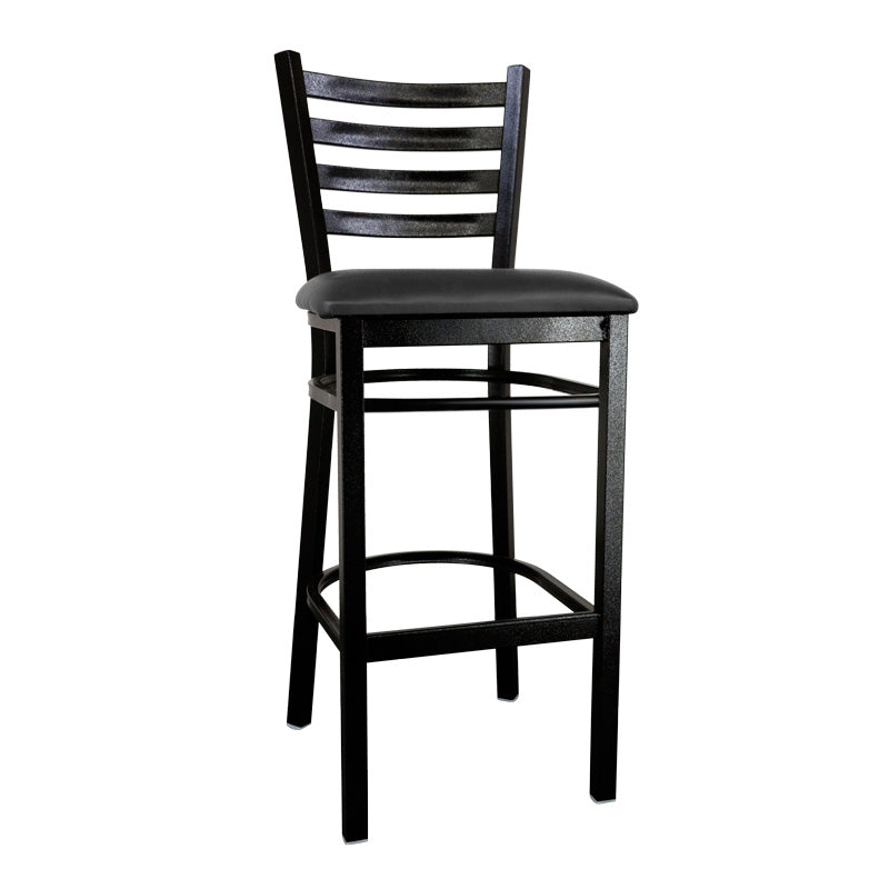 Omcan Metal Ladder Back Bar Height Chair with Black Vinyl Seat – Commercial Restaurant Bar Chair with Black Steel Frame and Upholstered Vinyl Seat Design - Donut-Equipment.com
