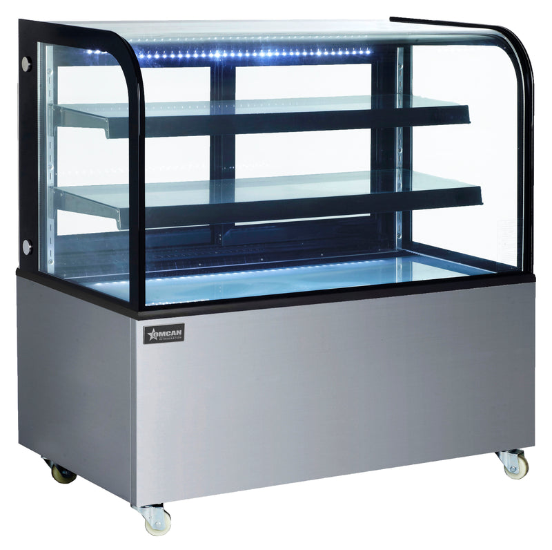 Omcan 48" Dry Bakery & Pastry Merchandiser Display Case with 2 Shelves with Curved Front Glass and Rear Sliding Doors With LED Lighting – 14.1 Cu. Ft. (400L)