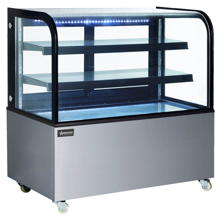 Omcan 48" Dry Bakery & Pastry Merchandiser Display Case with 2 Shelves with Curved Front Glass and Rear Sliding Doors With LED Lighting – 14.1 Cu. Ft. (400L)