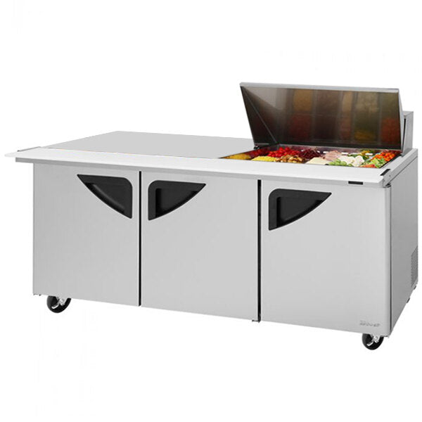 Turbo Air Super Deluxe TST-72SD-15M-N-LW 72" 3 Door Mega Top Refrigerated Sandwich Prep Table with Left Work Station - Donut-Equipment.com