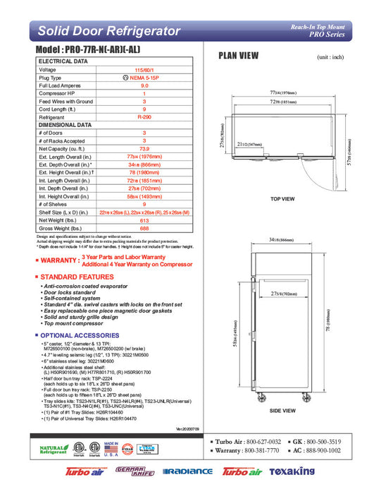 Turbo Air PRO-26R-PT-N 29" Premiere Pro Series Solid Door Pass-Through Refrigerator