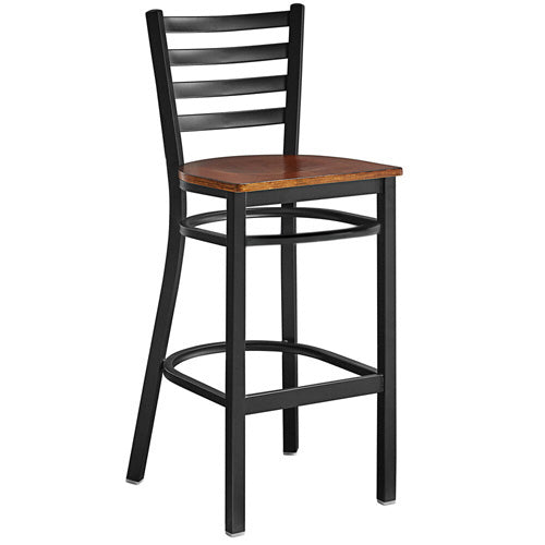 Omcan Bar Height Metal Ladder Back Chair with Walnut Wood Seat – Commercial Restaurant Bar Chair with Steel Frame and Solid Wood Seat Design