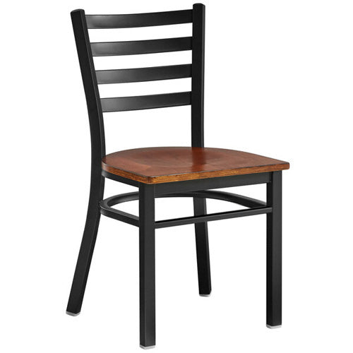 Omcan Metal Ladder Back Chair with Walnut Wood Seat – Commercial Restaurant Dining Chair with Steel Frame and Wood Seat Design