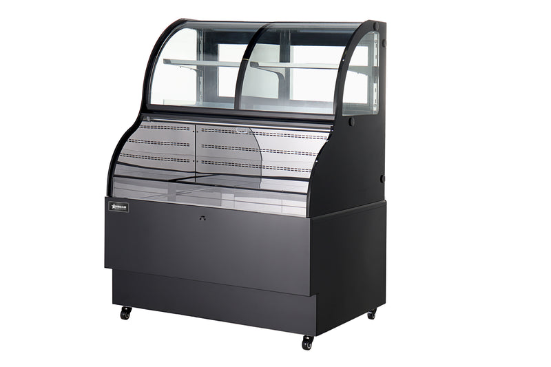 Omcan 36″ Open Refrigerated Floor Display Case – 12.5 Cu. Ft. (354L), One-Shelf Black Dual-Service Merchandising Display Cooler - Donut-Equipment.com