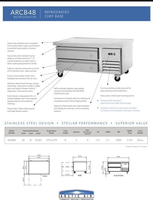 Arctic Air ARCB48 50" Two Drawer Refrigerated Chef Base - Donut-Equipment.com