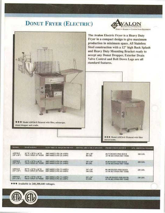 Avalon (ADF34-E) Donut Fryer 34" X 24" Electric (1 phase) Left Side Drain Board with Submerge Screen - Donut-Equipment.com