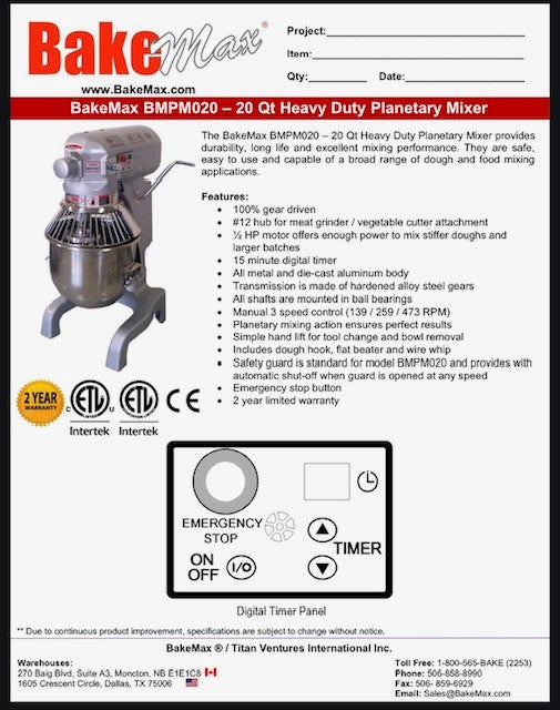 BakeMax (BMPM020) 20Qt Planetary Mixer - Donut-Equipment.com