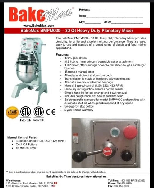 BakeMax (BMPM030) 30Qt Planetary Mixer - Donut-Equipment.com