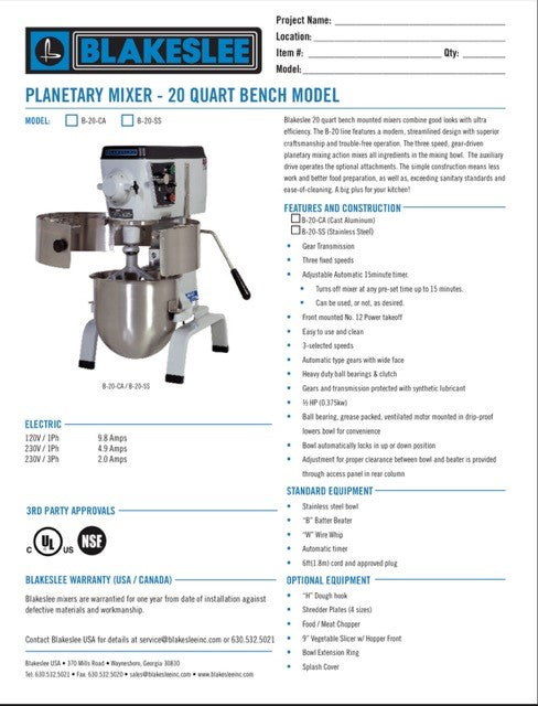 20 Quart Blakeslee Food MIxer Bench Model B-20-CA - Donut-Equipment.com