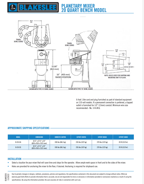 20 Quart Blakeslee Food MIxer Bench Model B-20-CA - Donut-Equipment.com