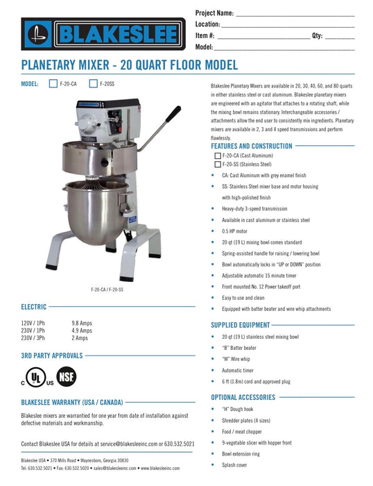 20 Quart Floor Model Blakeslee Food Mixer Model F-20-CA - Donut-Equipment.com