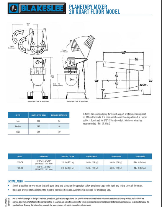 20 Quart Floor Model Blakeslee Food Mixer Model F-20-CA - Donut-Equipment.com