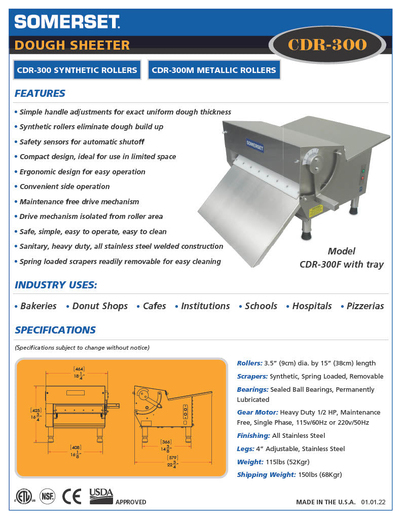 CDR-300 Dough Sheeter 15" wide Table-Top Sheeter - Donut-Equipment.com