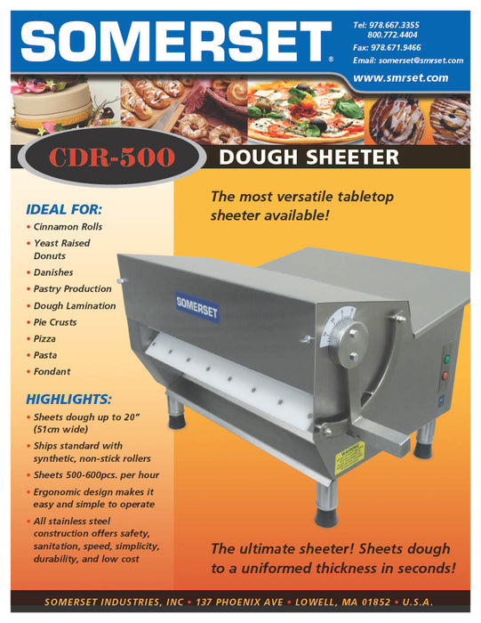 Somerset CDR-500 - Dough Roller Sheeter - 20" Single Pass- Recommended for Donut Dough