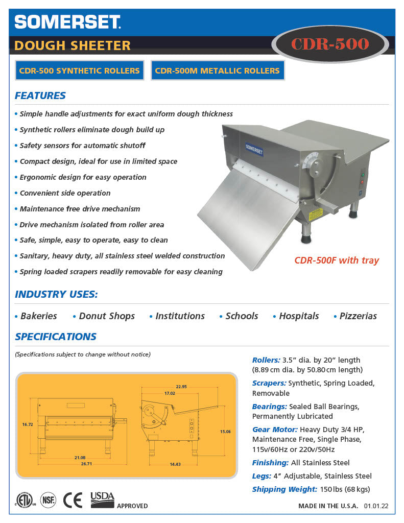 Somerset CDR-500 - Dough Roller Sheeter - 20" Single Pass- Recommended for Donut Dough - Donut-Equipment.com